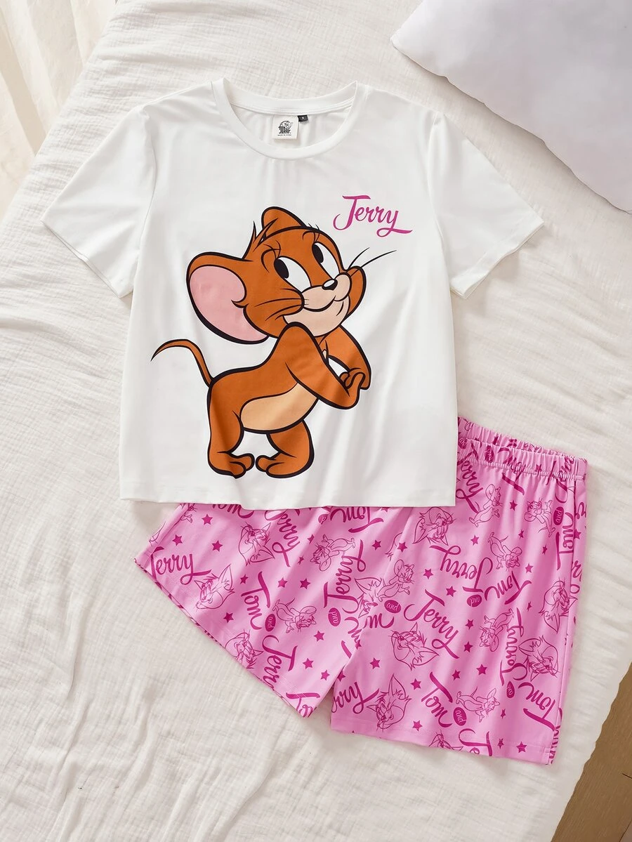 TOM & JERRY X SHEIN 女款卡通印花短袖上衣與短褲睡衣套裝 - 白色 - 查看 1