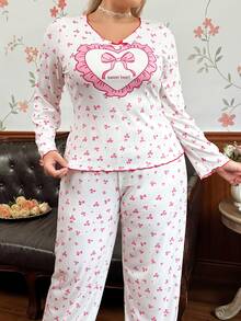 CottageSlumber Heart & Bow Print Soft Ribbed Knit Plus Size Women's Cute Romantic Long Sleeve Pants Pajama Set - Apricot - View 5