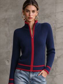 SHEIN Women's Colorblock Casual Versatile Daily Wear Cardigan - Navy Blue - View 3