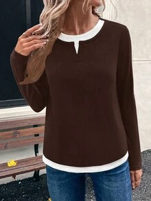 EMERY ROSE 女款休閒拼接色長袖寬鬆二合一T恤，秋季 - 棕色 - 查看 3