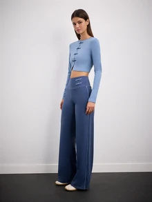 Nöista Women's Cropped Frog Button Top And Long Pants Sports Set - Blue - View 3