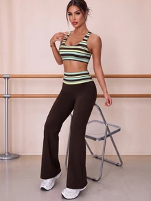 Eassivo Eassivo Brown Three Pieces Set, Halter Top + Striped Inner Vest + Folded Waist Slightly Flared Trousers, A Ho - Multicolor - View 7