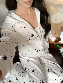DAZY 2pcs/Set Women's Star Pattern Loose Long Sleeve Sweatshirt Sweatshirt Top & Straight Leg Long Pajama Pants Sleepwear Set - White - View 6