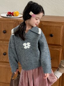 Dazy Kids Young Girls Floral Jacquard Half-Open Collar Design Pullover Sweater - Grey - View 8