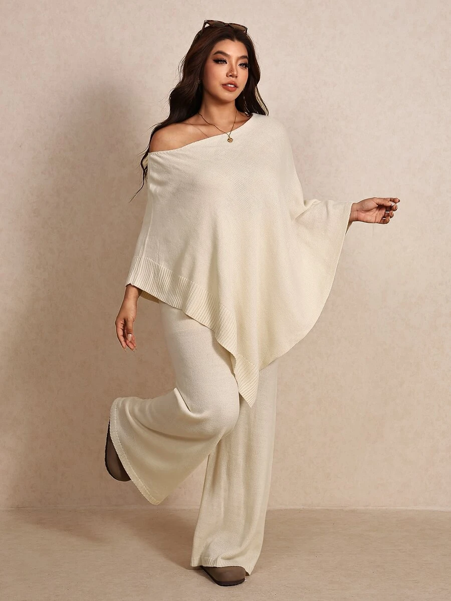 Elaquor Plus Size Asymmetrical Hem Asymmetrical Shoulder Top And Pants Knit Set - Apricot - View 1