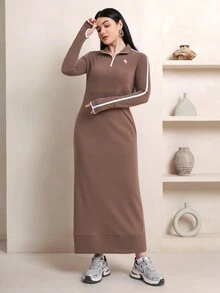 Veilorie Women's Knight Graphic Contrast Color Casual Daily Summer Long Dress - Mocha Brown - View 7