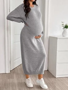 SHEIN Đầm len dệt kim bầu màu trơn phong cách thường ngày cho mùa đông - Xám - Xem 5