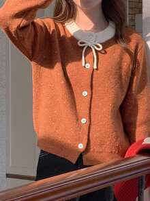 DAZY Girls (Big) Loose Polka Dot Contrast Color Bow Decor Cute Autumn/Winter Sweater Cardigan - Brown - View 5