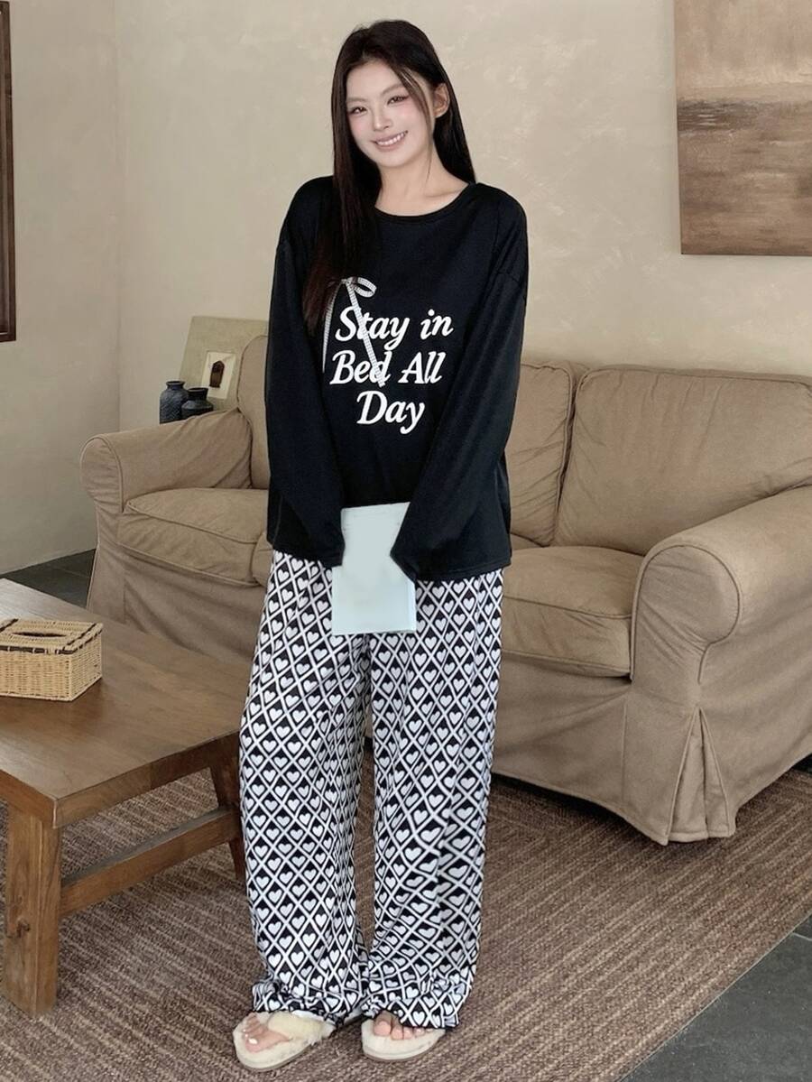 Dazy Plus 2pcs/Set Loose Short Sleeve T-Shirt With English Graphic And Heart Pattern, Straight Leg Long Pajama Pants, Sleepwear Outfit - Black - View 1