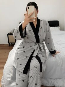 Napfluff CURVE Napfluff CURVE Grey Striped Bow Print Soft Bubble Crinkle Fabric Contrast Color Plus Size Women's Cami Pants And Robe Pajama 3 Pieces Set - Grey - View 6