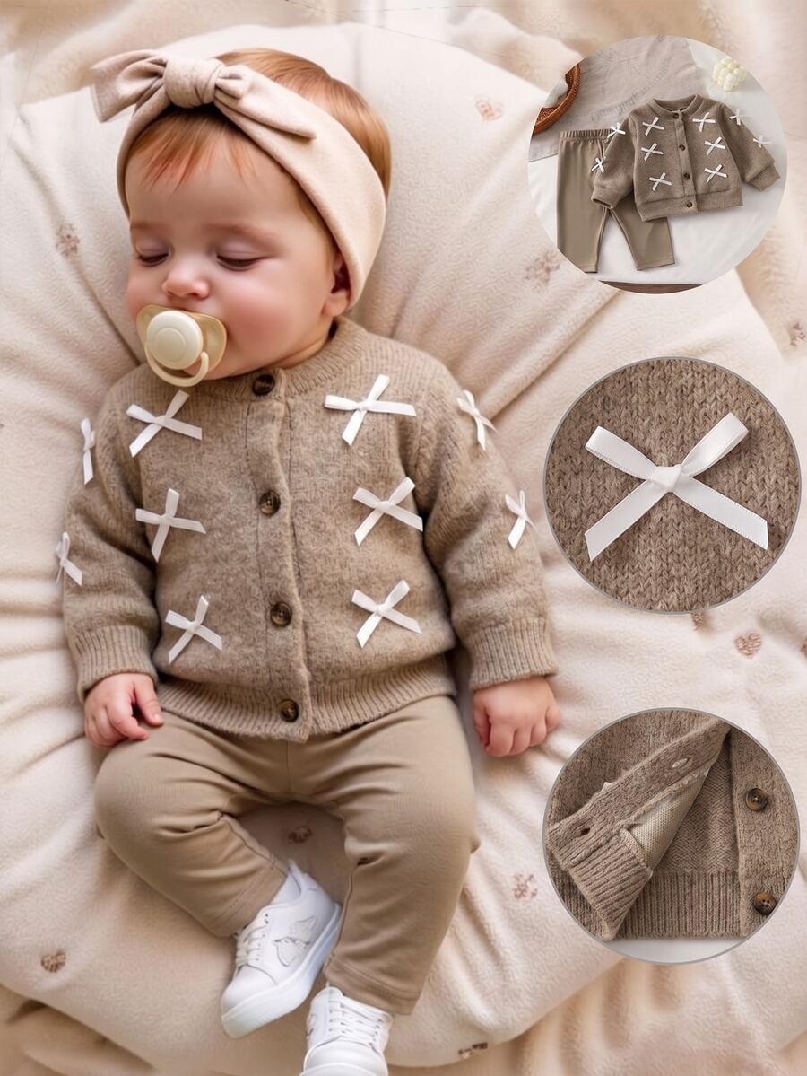 SHEIN 2件組女嬰針織開襟衫褲套裝,甜美可愛米色白色蝴蝶結,長袖圓領,常規版型,戶外秋季學院風復古羅紋鈕扣 - 駝色 - 查看 1