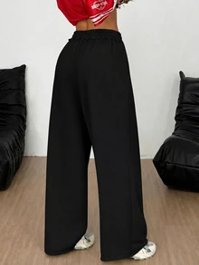 SHEIN 青少年女孩灰色大尺寸運動褲，冬季寬鬆休閒極簡舒適中腰對比色抽繩裝飾褲，四季皆宜 - 黑色 - 查看 3
