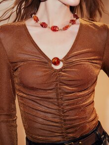Arave Women's Top Slim Fit Glitter Knit Deep V-Neck Center Ruched Amber Beads Modern Brown Solid Long Sleeve Party Top Christmas - Coffee Brown - View 3