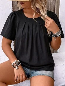 EMERY ROSE Plus Size Vacation Casual Solid Color Textured Petal Sleeve Shirt - Black - View 4