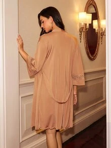Slumberist Sexy V-Neck Lace Camisole & Robe 2 Pieces Set, French Luxury Style Women's Loungewear Pajama Set - Brown - View 2