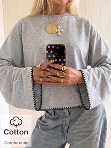 SHEIN EZwear 34%棉女款休閒寬鬆長袖T恤 - 灰色 - 查看 7