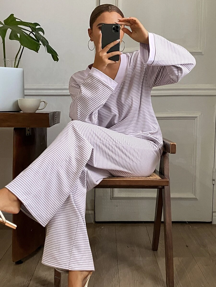 Livesso Women's Striped Long Sleeve Top And Pants Casual Daily Loungewear Set - Purple - View 1