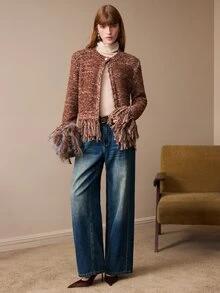 Arave Women's Jacket Straight Short Fit Tweed Fringe Hem Cuffs Round Neck Single Button Elegant Brown Textured Autumn Outfit For Women Thanksgiving - Multicolor - View 2