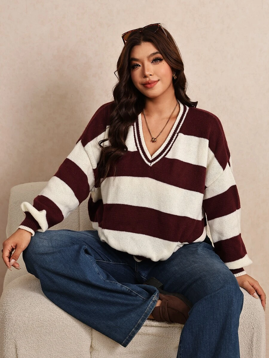 Elaquor Plus Size Women's Striped V-Neck Drop Shoulder Long Sleeve Casual Pullover Sweater Christmas - Red and White - View 1