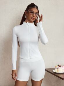 Sovereign Charm Women's Solid Color Long Sleeve Zip-Up Sports Jacket - White - View 3