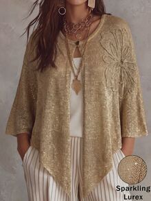 Linhara CURVE 2026 New Plus Size Women's Solid Color Knitted Cardigan With Gold And Silver Metallic Thread Embroidery, Elegant Shawl Style, Suitable For Romantic Vacation, Plus Size Women's Cardigan Sweater - Gold - View 4