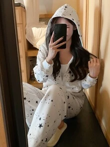 DAZY 2pcs/Set Women's Star Pattern Loose Long Sleeve Sweatshirt Sweatshirt Top & Straight Leg Long Pajama Pants Sleepwear Set - White - View 1