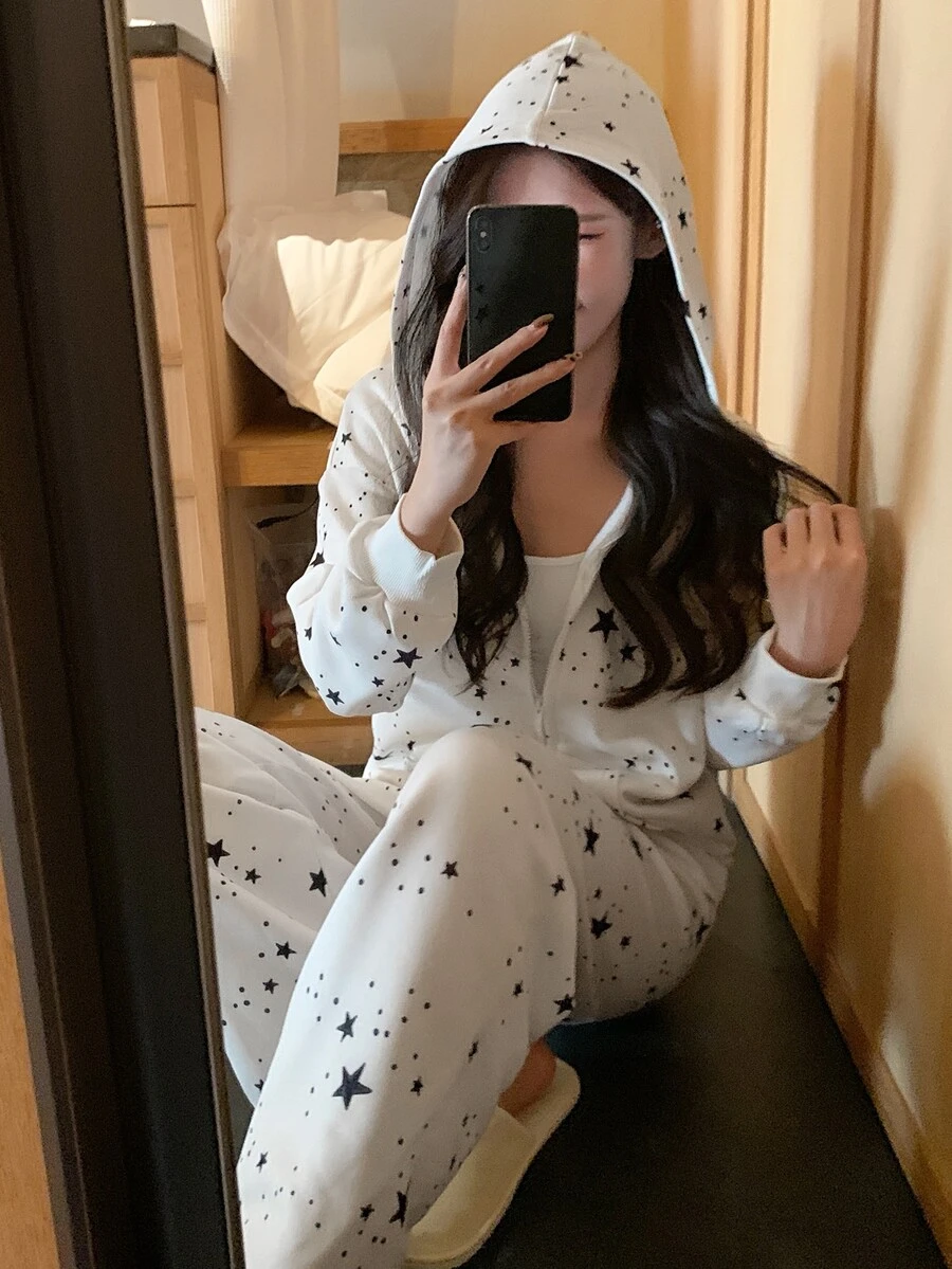 DAZY 2pcs/Set Women's Star Pattern Loose Long Sleeve Sweatshirt Sweatshirt Top & Straight Leg Long Pajama Pants Sleepwear Set - White - View 1