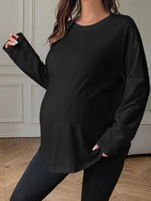 Dazy Maternity 素色寬鬆基礎層搭上衣 日常春秋孕婦T恤 - 黑色 - 查看 4