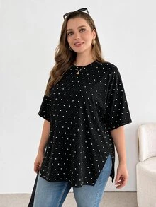 Shapeblank Plus Size Women's Spring/Summer Fashion Casual Loose Comfortable Versatile Polka Dot Short Sleeve T-Shirt - Black - View 4