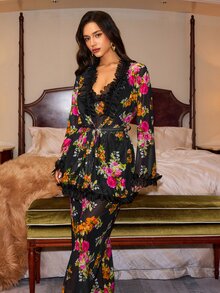 Slumberist Women's Sexy Floral Print Mesh Sheer Camisole, Long Pants And Robe 3 Pieces Set - Black - View 6