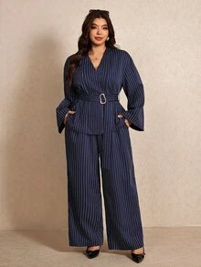Elaquor Bộ 2 món áo tay dài kẻ sọc và quần ống rộng phong cách thường ngày cho nữ size lớn - Màu xanh hải quân - Xem 1