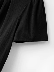 EMERY ROSE Plus Size Vacation Casual Solid Color Textured Petal Sleeve Shirt - Black - View 7
