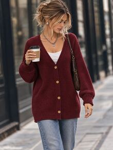 Elafinee Women's New Autumn/Winter Single-Breasted Dropped Shoulder Loose Mid-Length Ribbed Hem Casual Cardigan Sweater - Red - View 3