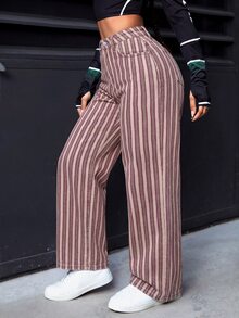 SHEIN PETITE 女款條紋拼接配色鈕扣口袋牛仔褲 - 彩色 - 查看 6