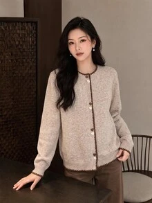 Yumoku Fall/Winter Women's Single-Breasted Long Sleeve Knit Cardigan Brunch Tea Party French Elegant Cardigan For Women - Khaki - View 3