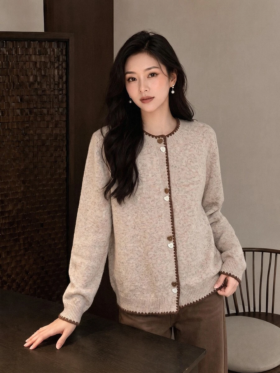 Yumoku 秋冬女款單排扣長袖針織開襟衫，法式優雅風格，適合早午餐與茶會 - 卡其色 - 查看 1