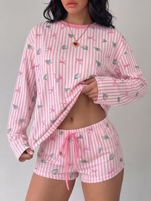 Aloruh 女款休閒舒適聖誕樹蝴蝶結條紋圓領長袖上衣與抽繩腰短褲兩件套，聖誕溫馨睡衣套裝 - 粉色 - 查看 3