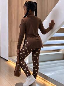 Tween Girls Loose Long Tween Girl Sleeve Side Slit Tight Winter Leggings 2 Pieces Set With Cartoon Pattern School Matching Family Brown And White Cute - Multicolor - View 2