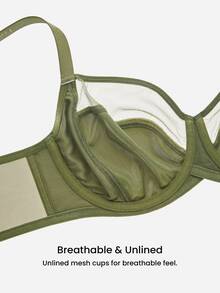 LUVLETTE Christmas Foll Print Unlined Full Coverage Side Support Green Mesh Sheer Basic Breezy Comfort Minimizer Women Lingerie Intimates Bra - Army Green - View 9