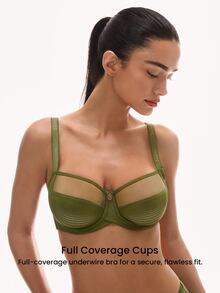 LUVLETTE Christmas Foll Print Unlined Full Coverage Side Support Green Mesh Sheer Basic Breezy Comfort Minimizer Women Lingerie Intimates Bra - Army Green - View 3