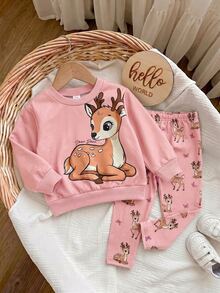 SHEIN Babygirl Cute Casual Cartoon Pattern Sweatshirt & Elastic Waist Long Autumn Winter Pants Set - Pink - View 1