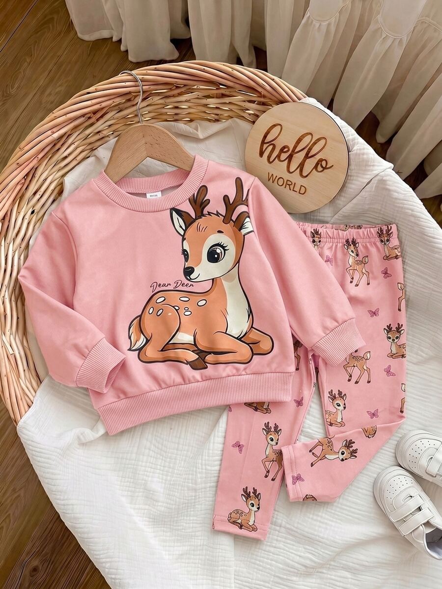SHEIN Babygirl Cute Casual Cartoon Pattern Sweatshirt & Elastic Waist Long Autumn Winter Pants Set - Pink - View 1
