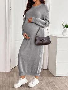 SHEIN Đầm len dệt kim bầu màu trơn phong cách thường ngày cho mùa đông - Xám - Xem 8