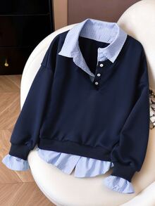 SHEIN 女童休閒時尚針織布料 2 合 1 條紋衛衣，寬鬆版型，舒適，適合春季與秋季日常通勤、戶外玩耍、出遊、聚會與拍照 - 藏蓝色 - 查看 1