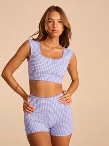 Aralina Women's Plaid Round Neck Cap Sleeve Top And Shorts Casual Sportswear Set - Purple - View 7