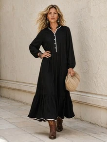 Faunlyn Gaun Wanita Fashion dengan Kancing Setengah Plaket dan Desain Blok Warna - Hitam - View 6