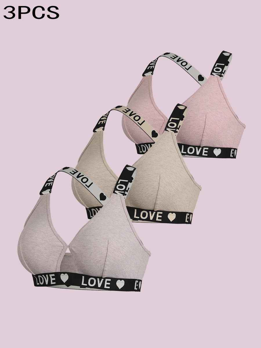 SHEIN مجموعة حمالات صدر نسائية كاجوال بدون أسلاك مضلعة مع طباعة حروف وتصميم مرقع 3 قطع مقاس كبير - متعدد الألوان - مشاهدة 1