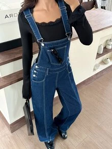 Rivivi 女款休閒寬腿牛仔連身褲，附口袋 - 深色水洗藍 - 查看 6