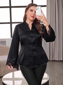 Modelyn Plus Size Women's Black Elegant Satin Chinese Style Frog Button Design Asymmetrical Lace Trim Long Sleeve Blouse, Suitable For New Year, Daily Wear - Black - View 1