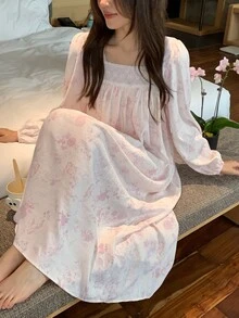 DAZY Women's Lace Patchwork Floral Print Square Neck Long Sleeve Loose Long Dress Nightgown - Pink - View 4